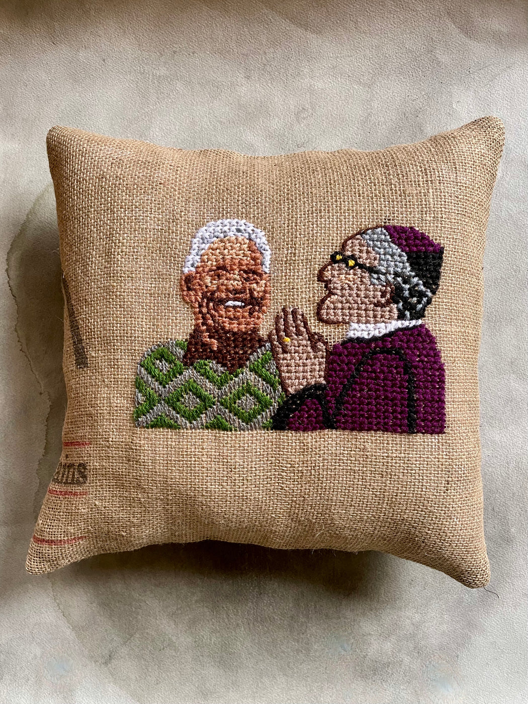 "Neslon Mandela and Desmond Tutu" Hand-Embroidered Pillow