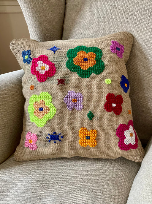 "Flower Power" Hand-Embroidered Pillow
