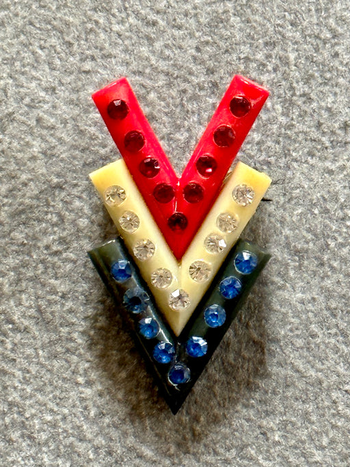 Vintage "V for Victory" Celluloid and Rhinestone Brooch